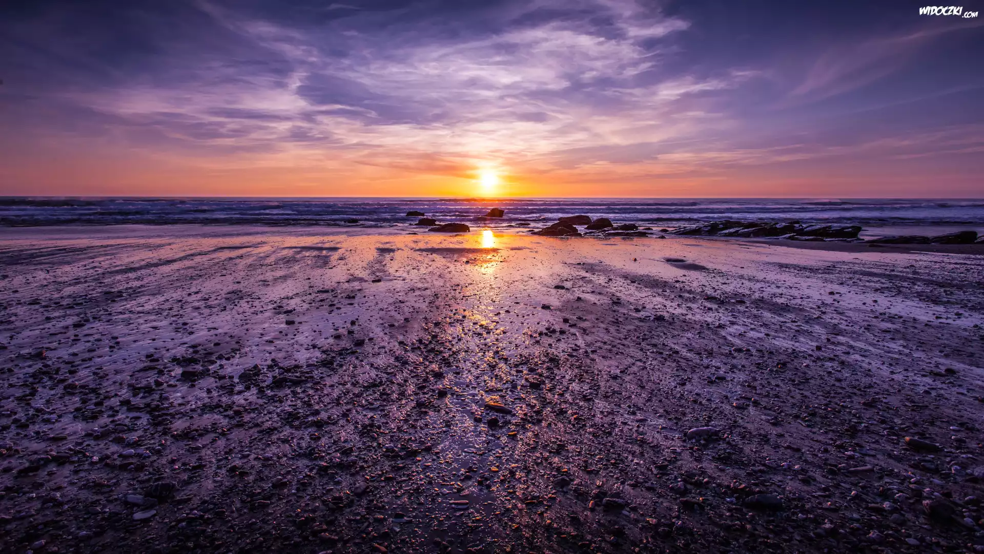 Plaża, Morze, Zachód słońca, Kamienie