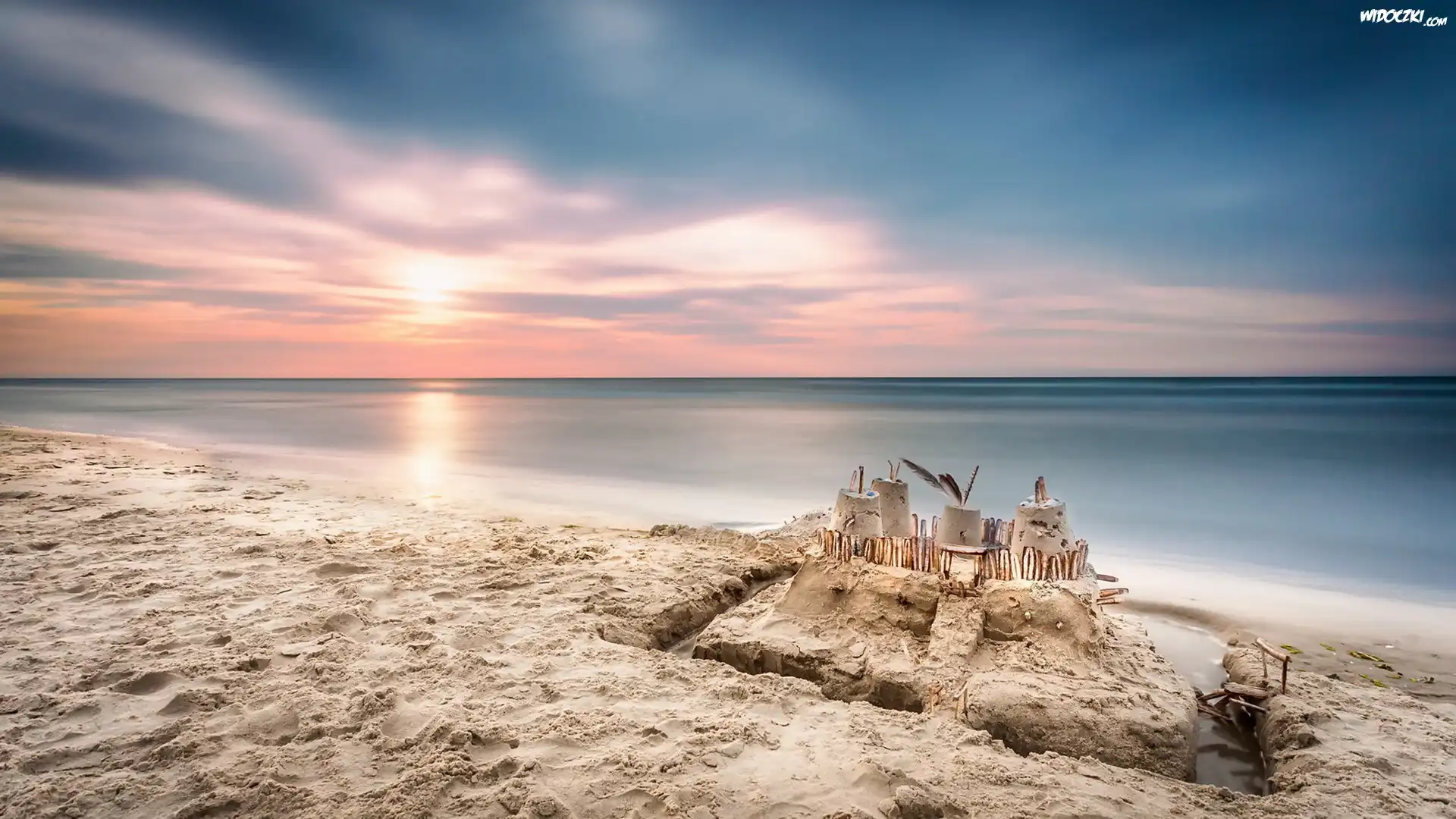 Plaża, Zamek, Piasek, Morze, Wschód słońca