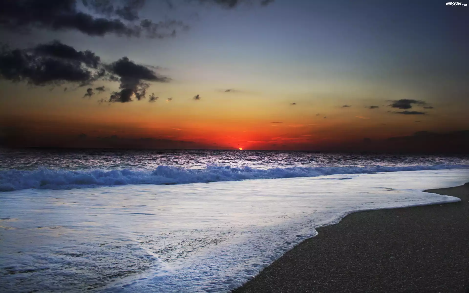 Plaża, Fale, Zachód słońca