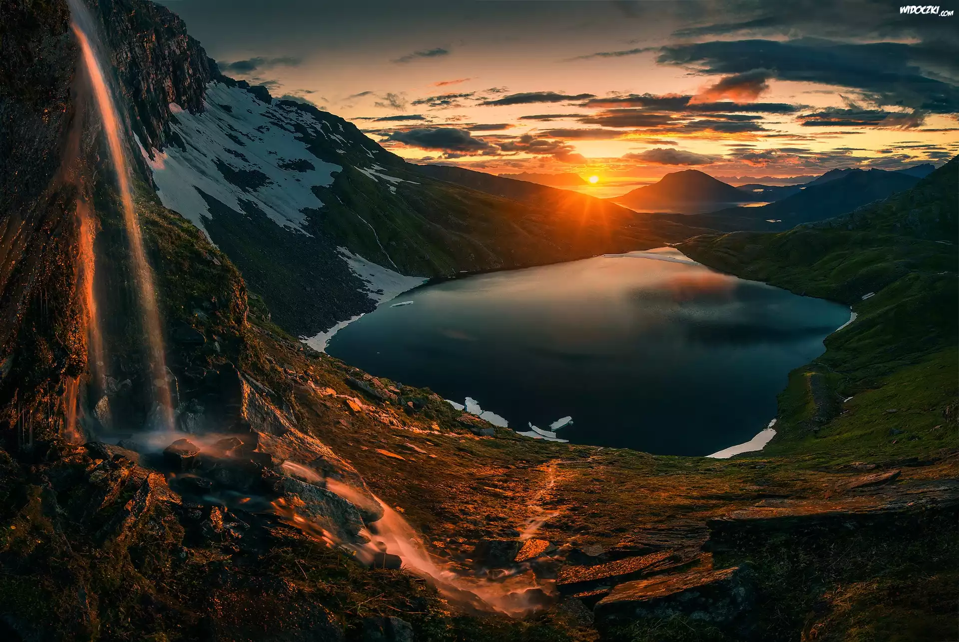 Północna Norwegia, Jezioro, Góry, Zachód Słońca