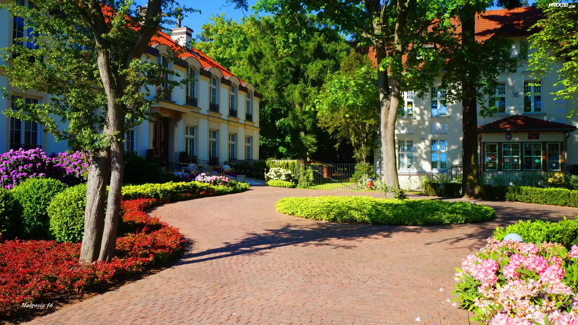 Polska, Gdańsk, Park Oliwski im. Adama Mickiewicza, Ogród, Dworek, Budynek, Kwiaty, Zieleń, Alejka, Ścieżka, Droga