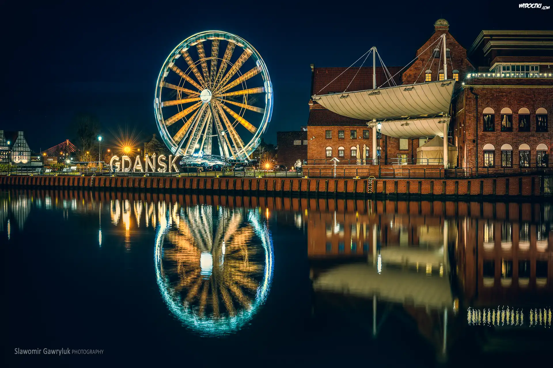 Koło AmberSky, Rzeka, Motława, Dom, Odbicie, Gdańsk, Polska