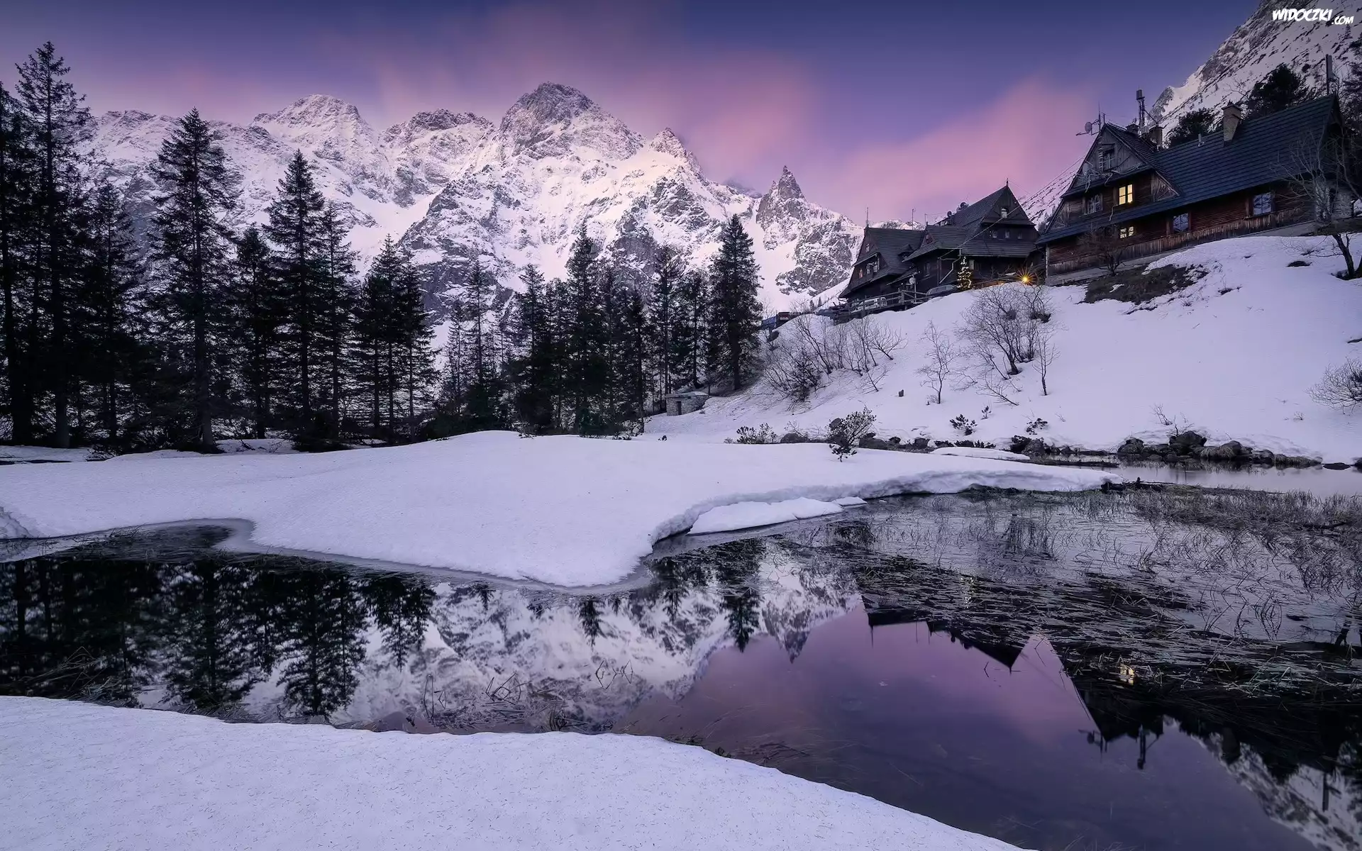 Polska, Góry, Tatry, Jezioro, Morskie Oko, Zima, Drzewa, Domy