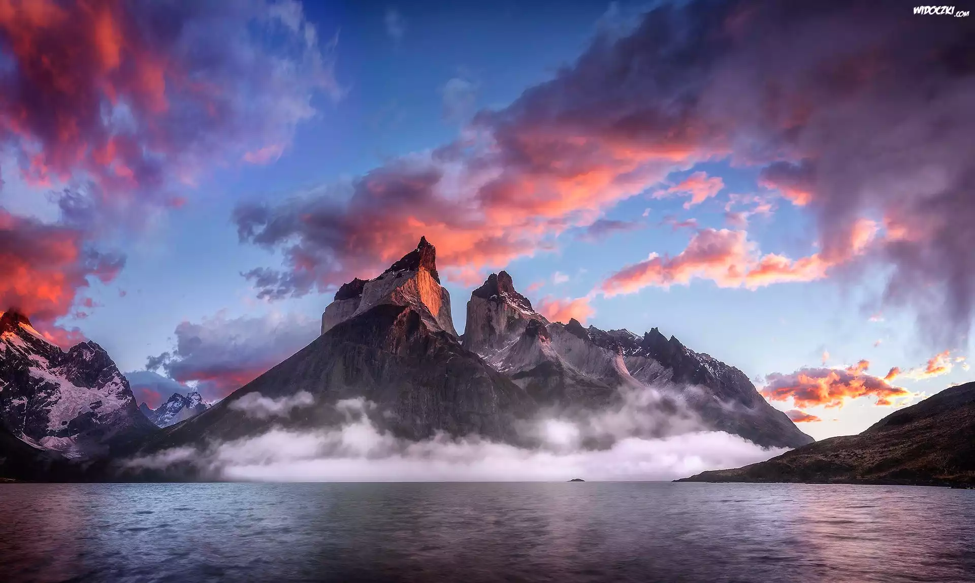 Ameryka południowa, Patagonia, Jezioro, Góry, Różowe, Obłoki