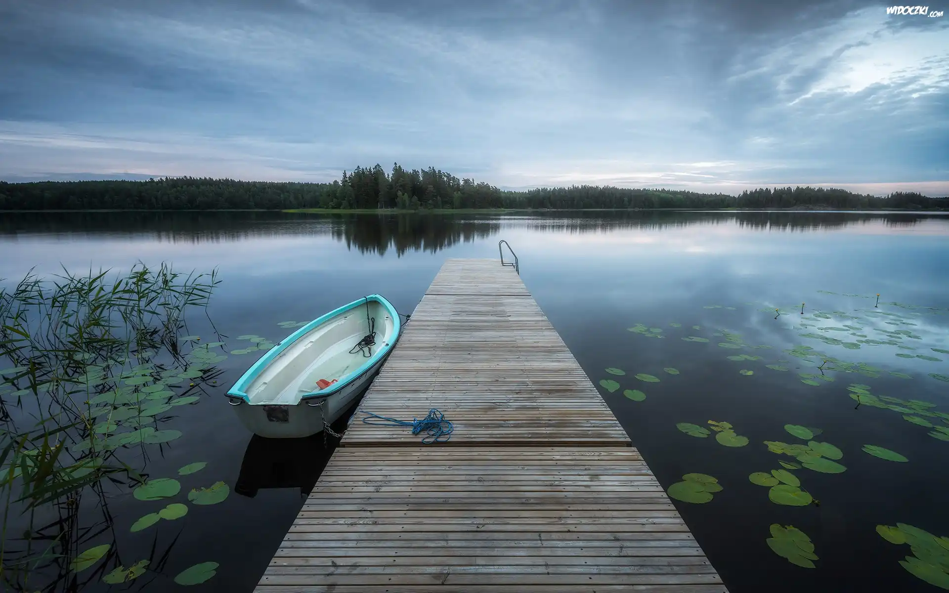 Drewniany, Pomost, Jezioro, Muskan Lake, Łódka, Trawa, Szwecja