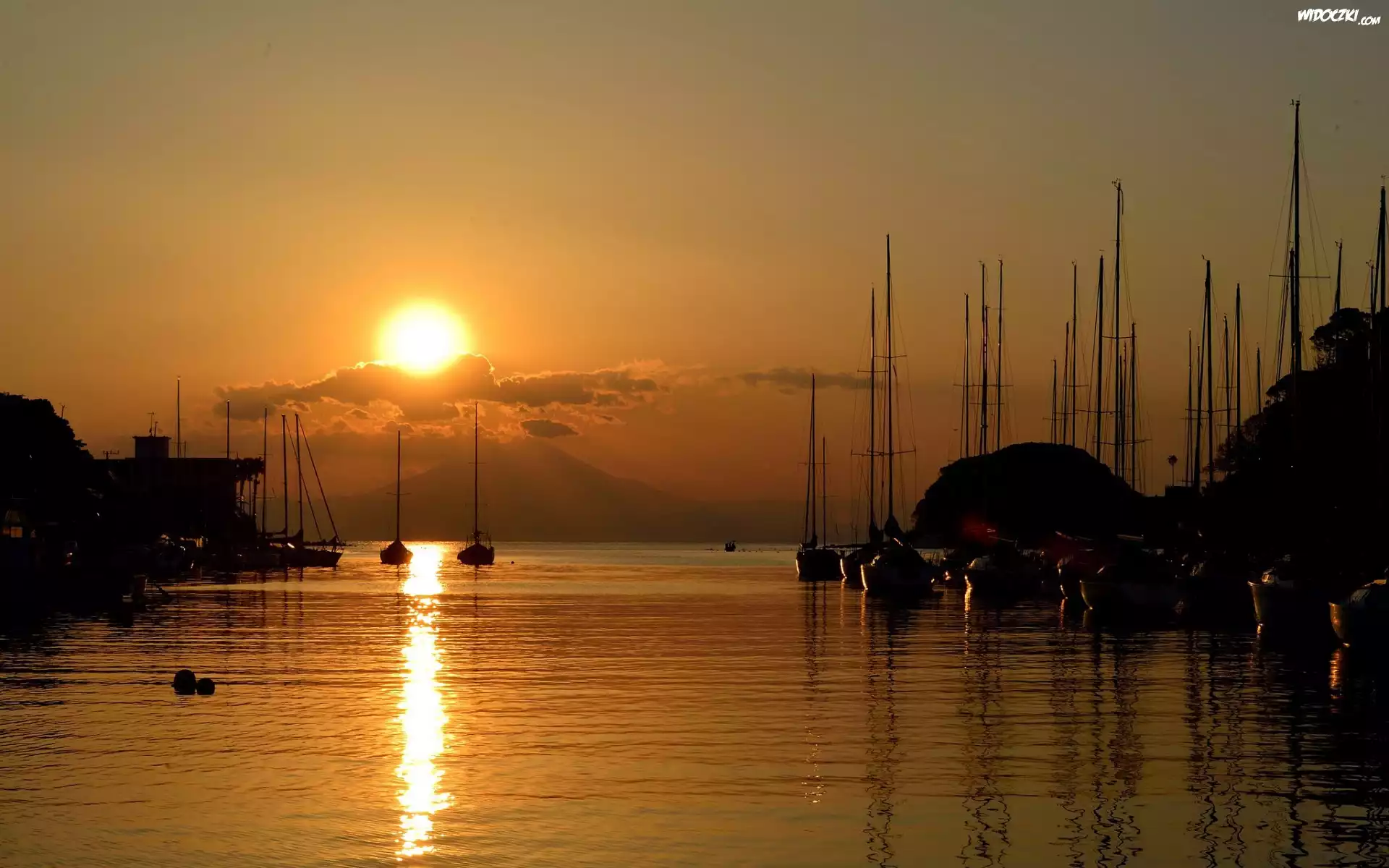 Port, Żaglówki, Góry, Zachód, Słońca