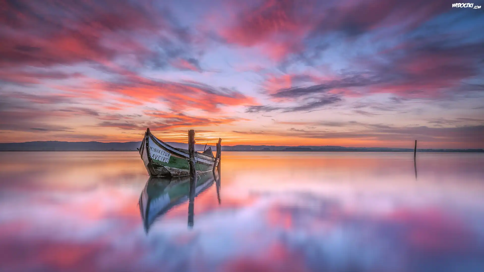 Rzeka, Laguna, Zalew, Ria de Aveiro, Łódka, Wschód słońca, Portugalia