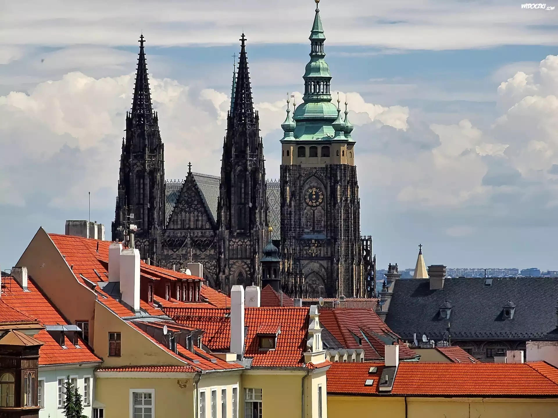 Czechy, Praga, Katedra, Åšw. Witta, Domy, Dachy, Chmury