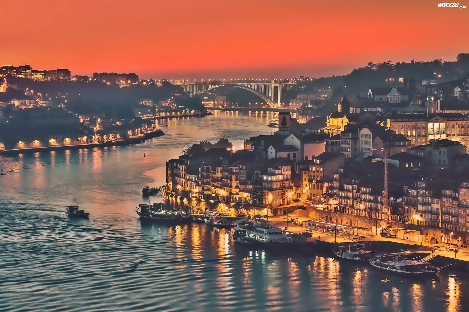 Portugalia, Rzeka, Douro, Miasto, Porto, Nocą, Z lotu ptaka
