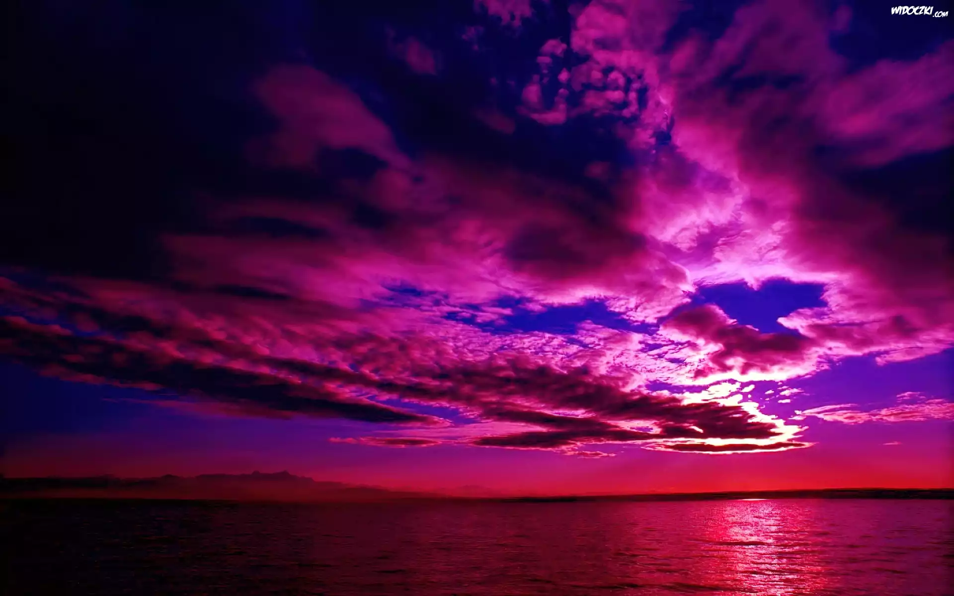 Purpurowy, Zachód, Słońca, Morze