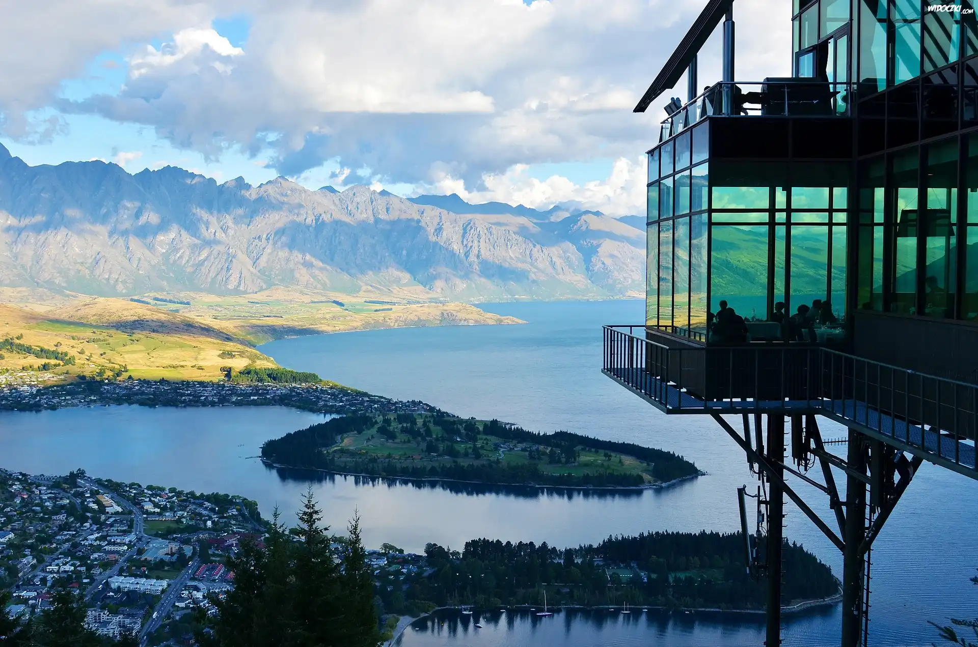 Restauracja, Skyline Queenstown, Chmury, Góry, Remarkables Mountains, Jezioro Wakatipu, Queenstown, Nowa Zelandia