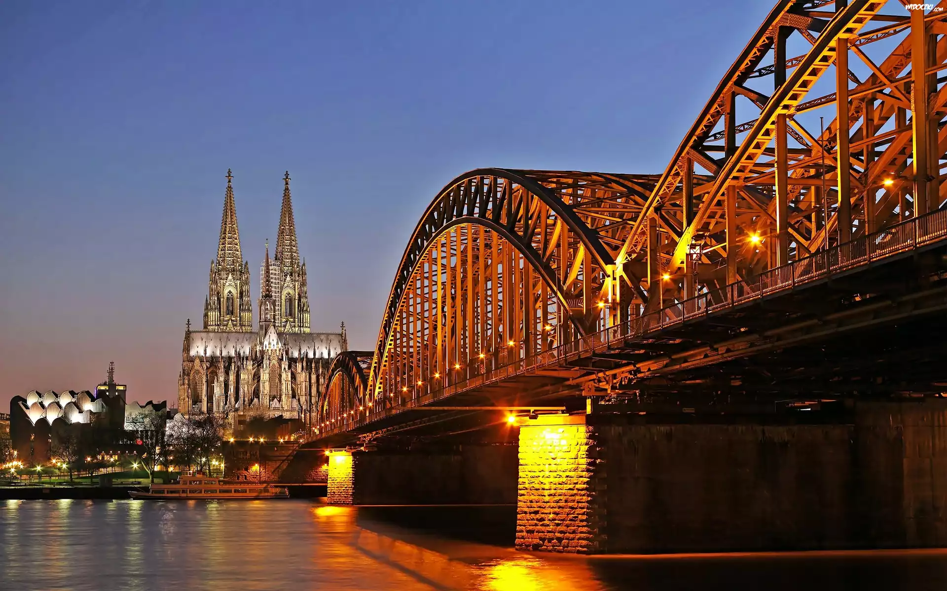 Rzeka, Ren, Most, Hohenzollern, Katedra, Fragment, Kolonii, NocÄ…