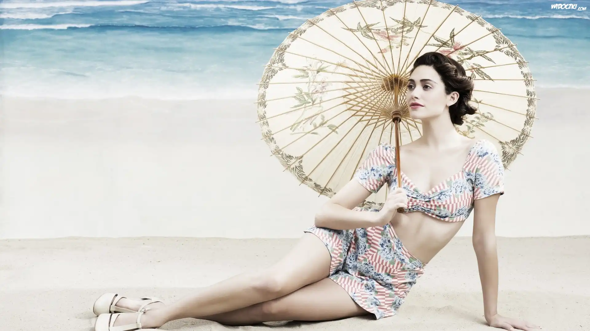 Retro, Kobieta, Parasol, Morze, Plaża