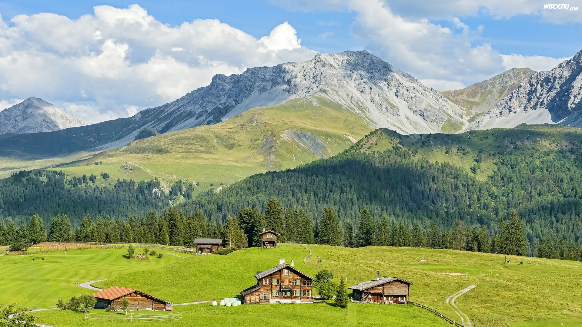 Szwajcaria, Kanton Gryzonia, Góry Alpy Retyckie, Miejscowość Arosa, Las, Domy, Drogi, Chmury