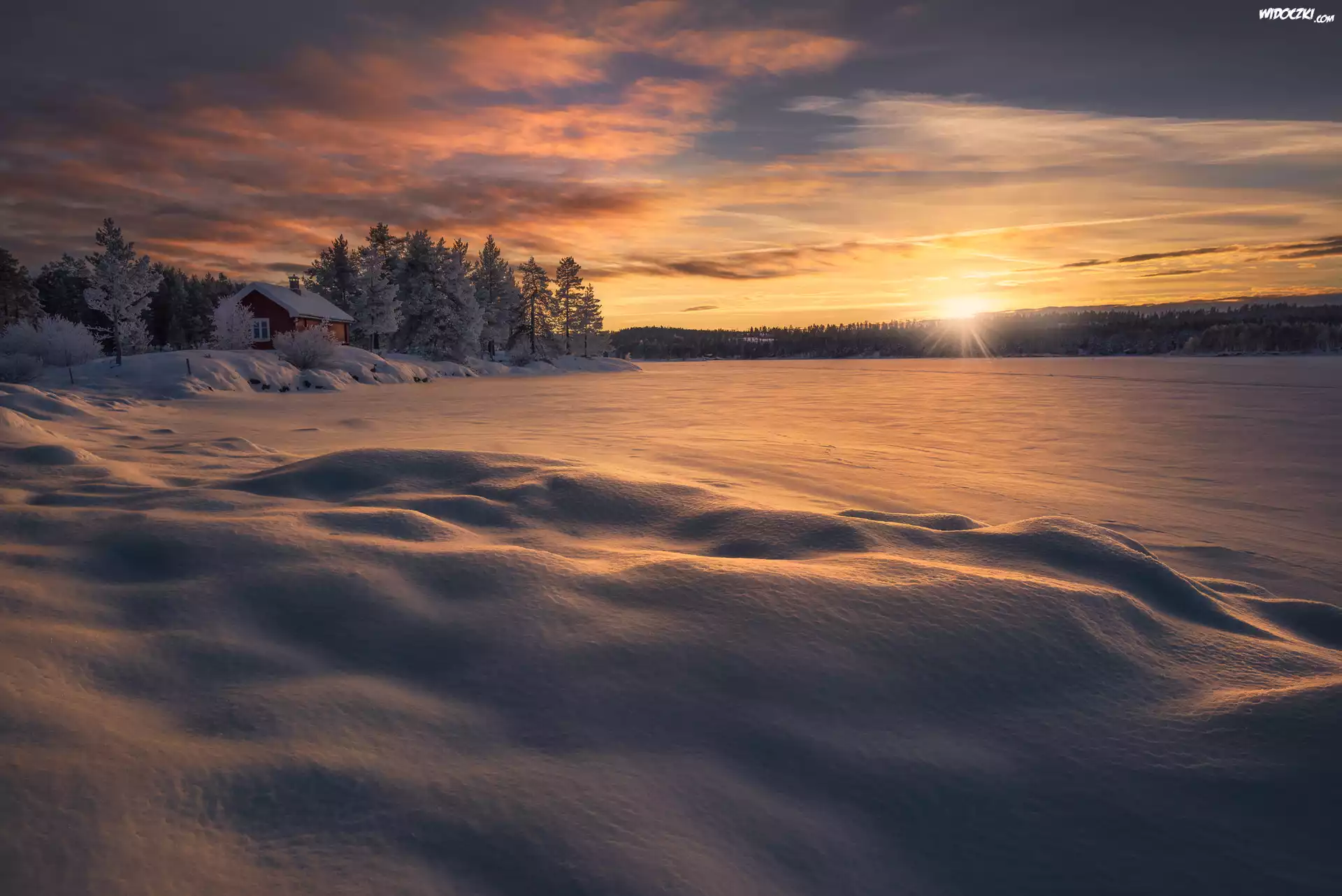 Norwegia, Ringerike, Zima, Dom, Drzewa, Jezioro, Zachód słońca