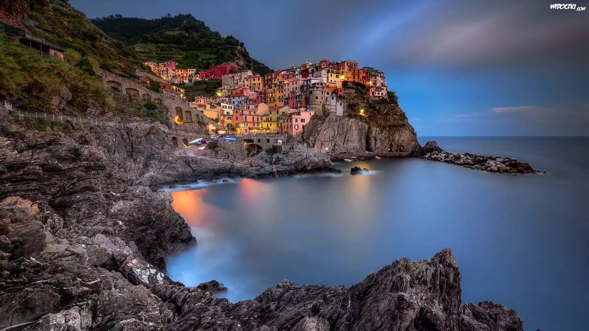 Włochy, Gmina Riomaggiore, Manarola, Cinque Terre, Morze Liguryjskie, Kolorowe, Domy, Zatoka