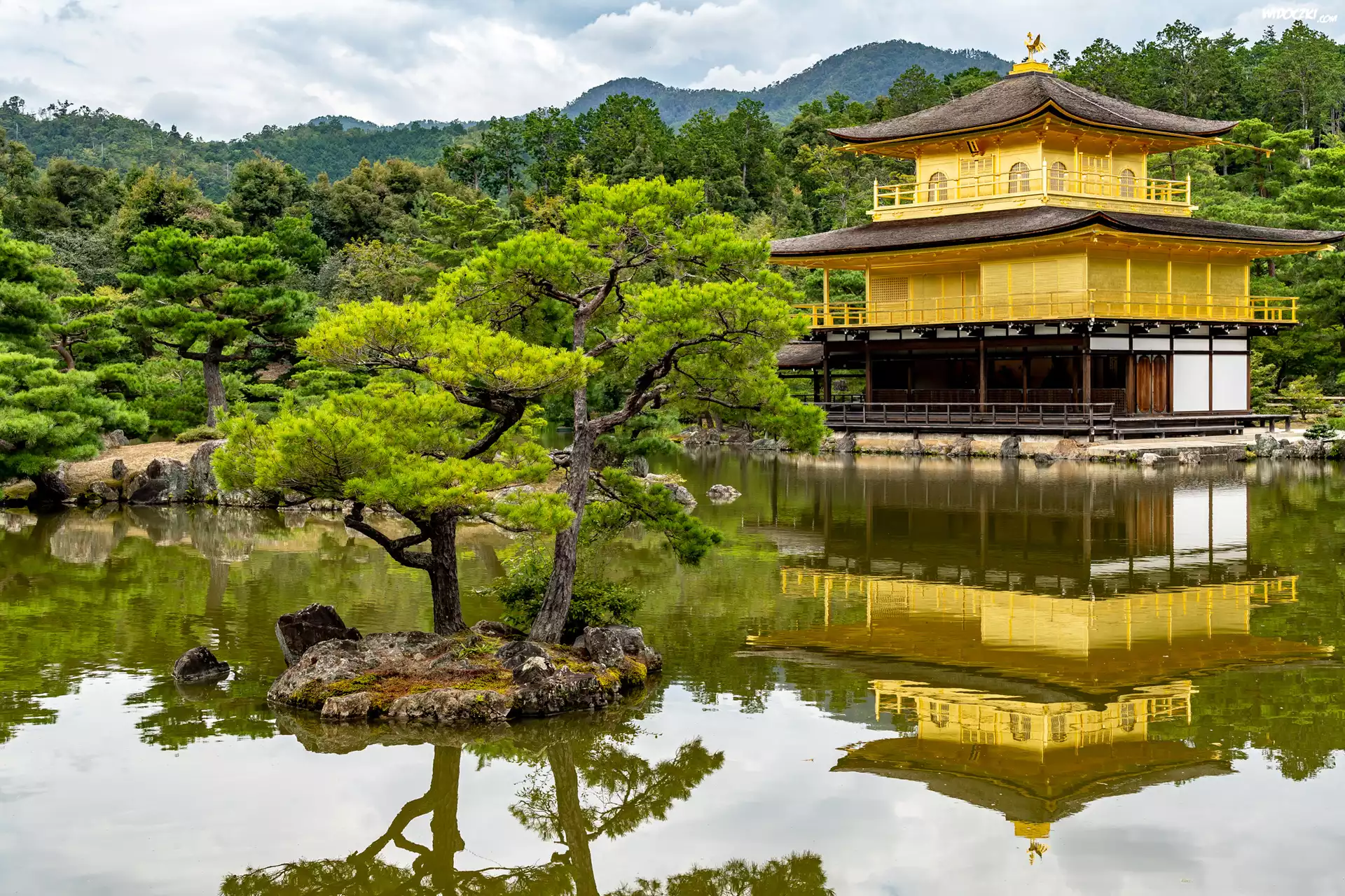 Świątynia Kinkaku-ji, Rokuon-ji, Złoty Pawilon, Staw Kyko chi, Drzewa, Kioto, Japonia