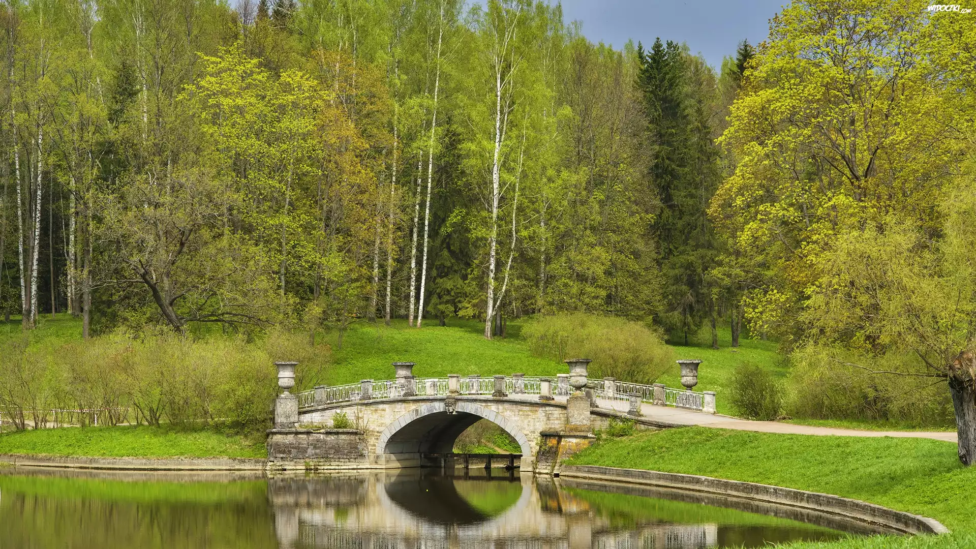 Park, Rzeka Sławianka, Kamienny, Most, Drzewa, Pawłowsk, Petersburg, Rosja