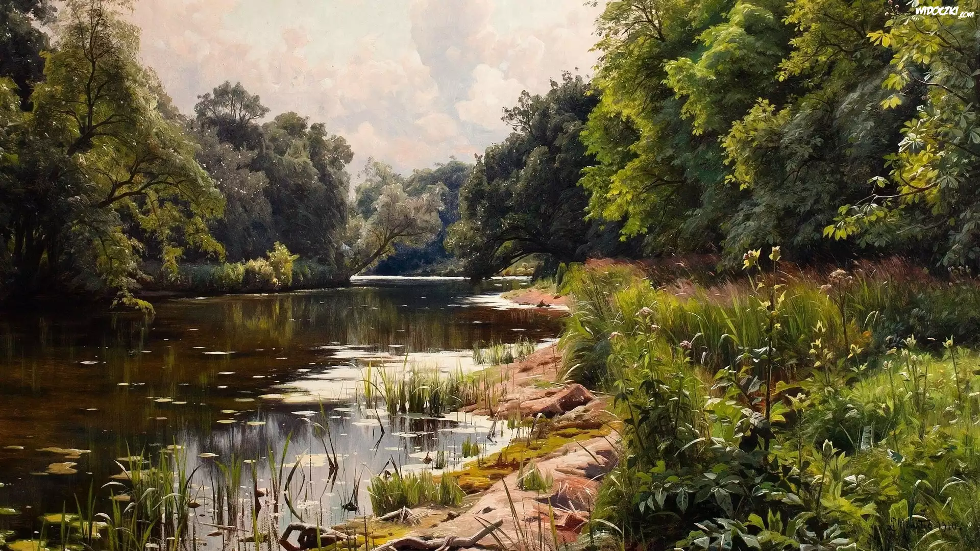 Obraz, Malarstwo, Peder Mork Monsted, Pejzaż, Rzeka, Drzewa, Roślinność