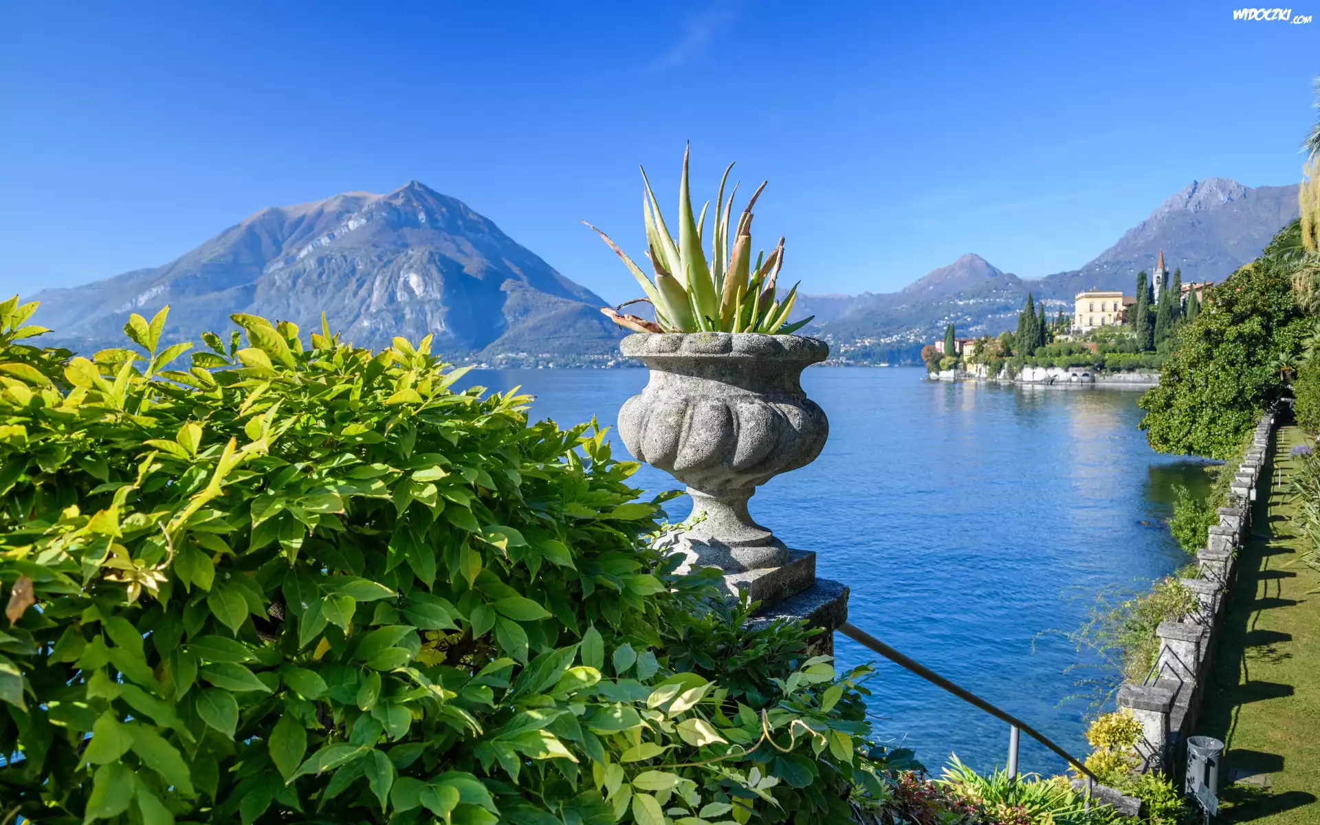 Włochy, Jezioro, Lago di Como, Varenna, Góry, Alpy, Donica, Rośliny