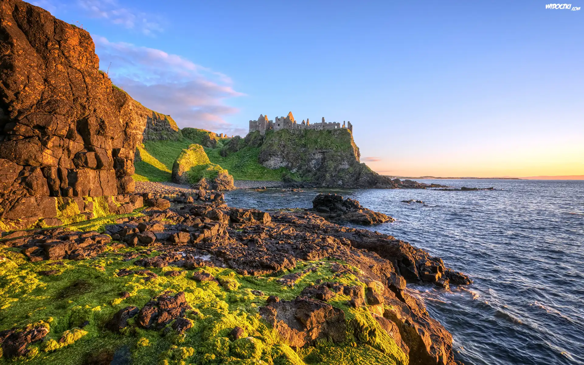 Irlandia Północna, Morze, Kamienie, Zamek Dunluce, Ruiny, Skały, Rośliny