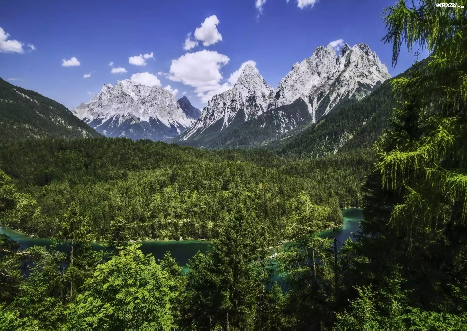 Niemcy, Góry, Alpy bawarskie, Wettersteingebirge, Szczyt, Zugspitze, Lasy, Rzeka