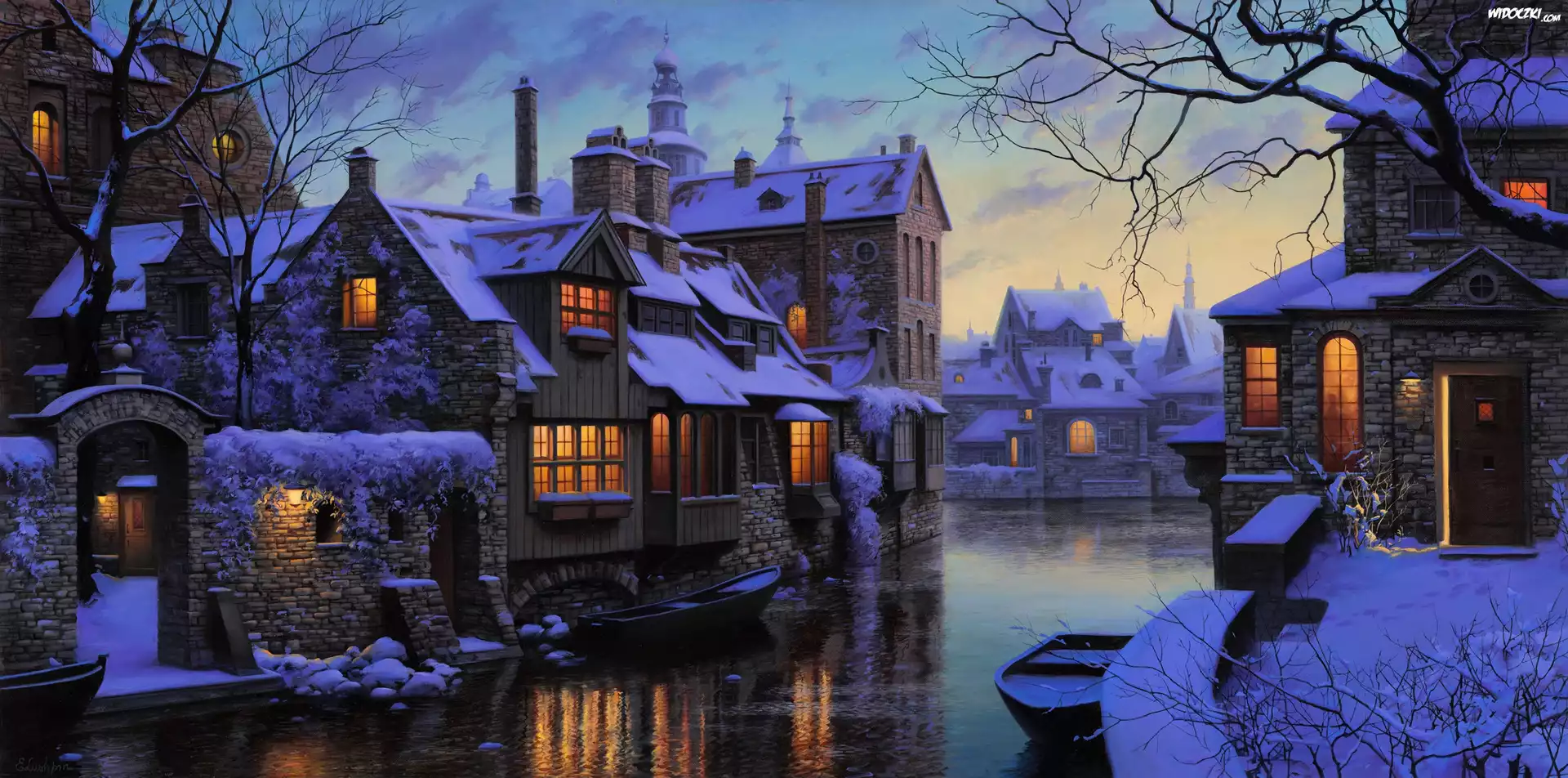 Belgia, Brugia, Kanał, Zima, Domy, Rzeka, Łódka, Noc, Drzewa, Painting, Eugeny Lushpin