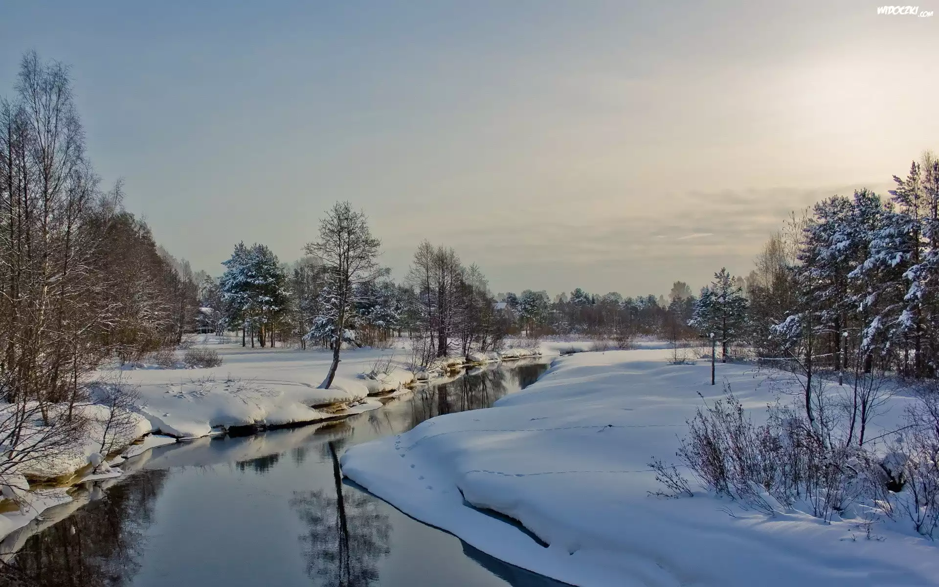 Rzeka, Åšnieg, Drzewa, Zima