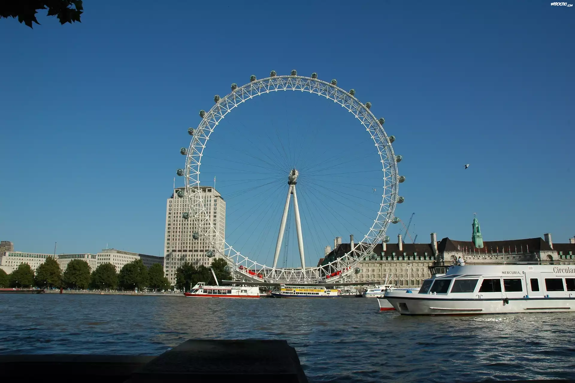 Rzeka, Tamiza, Statek, London Eye, Londyn