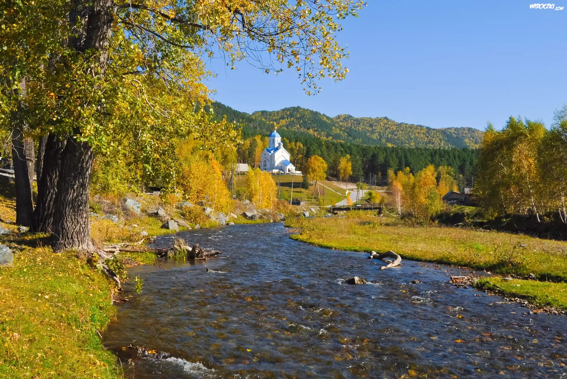 Rzeka, Las, Drzewa, Jesień, Kościół, Prawosławny