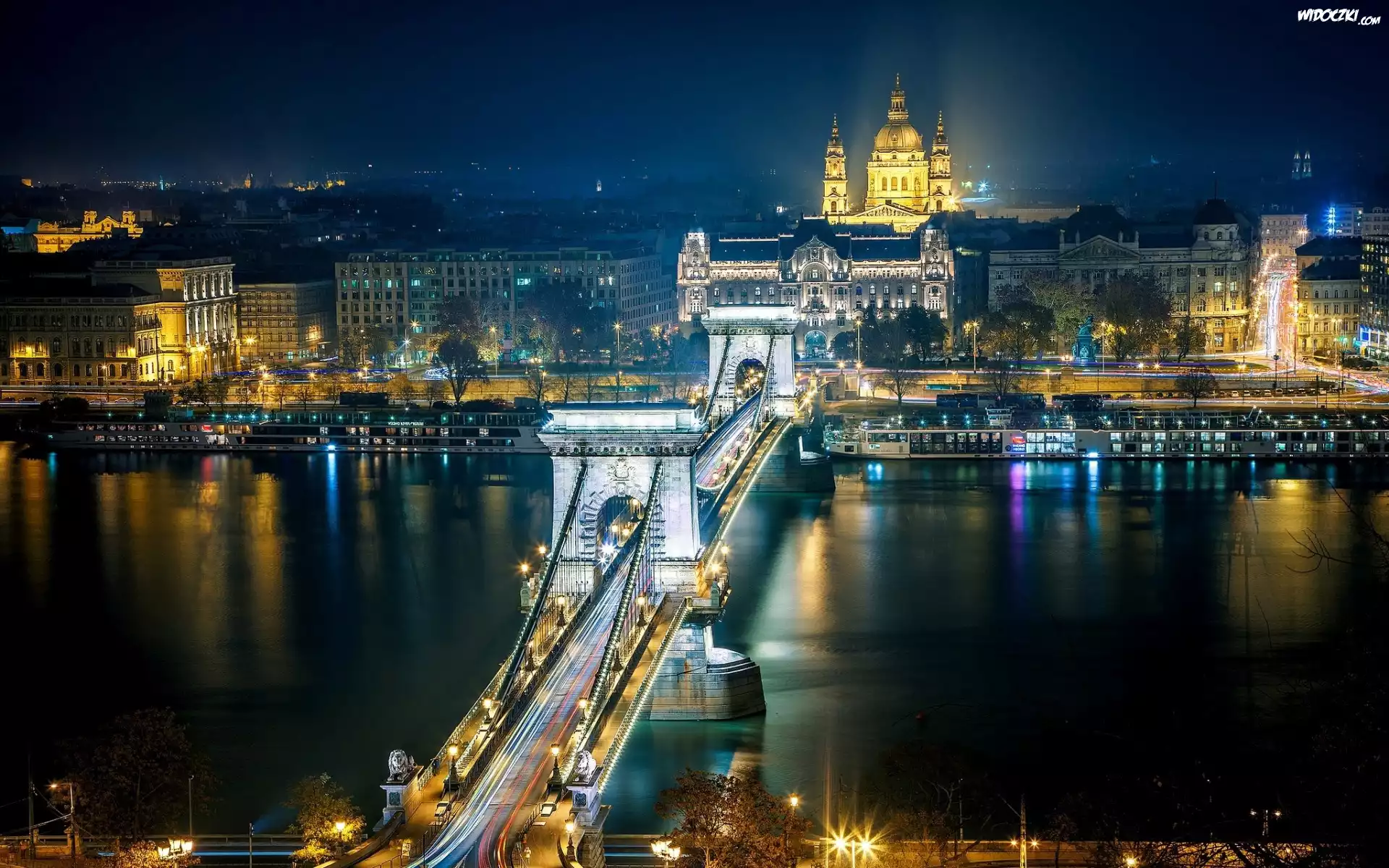 Rzeka, Most, Panorama, Miasta, Noc, Budapeszt, Dunaj, Węgry