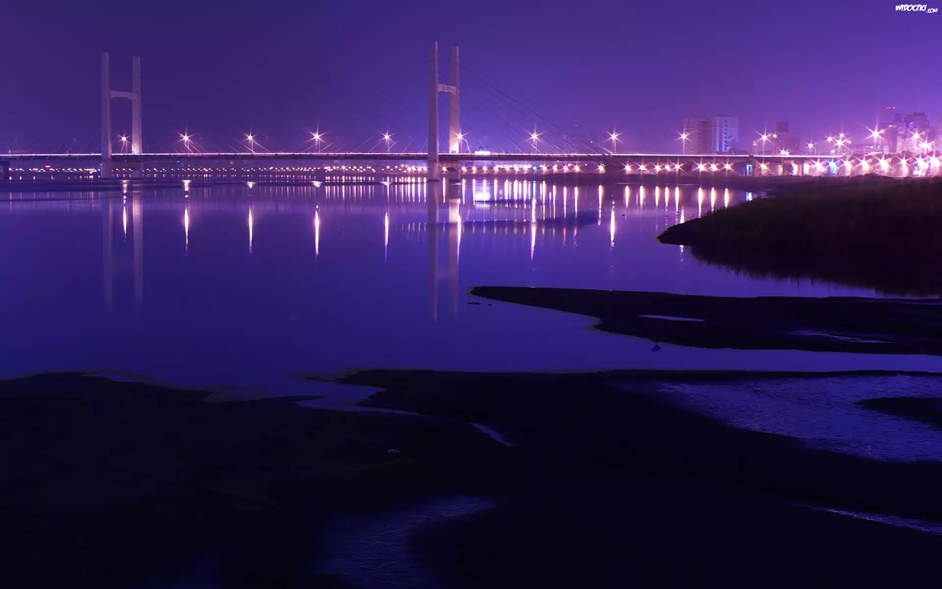 Rzeka, Oświetlony, Most, Noc
