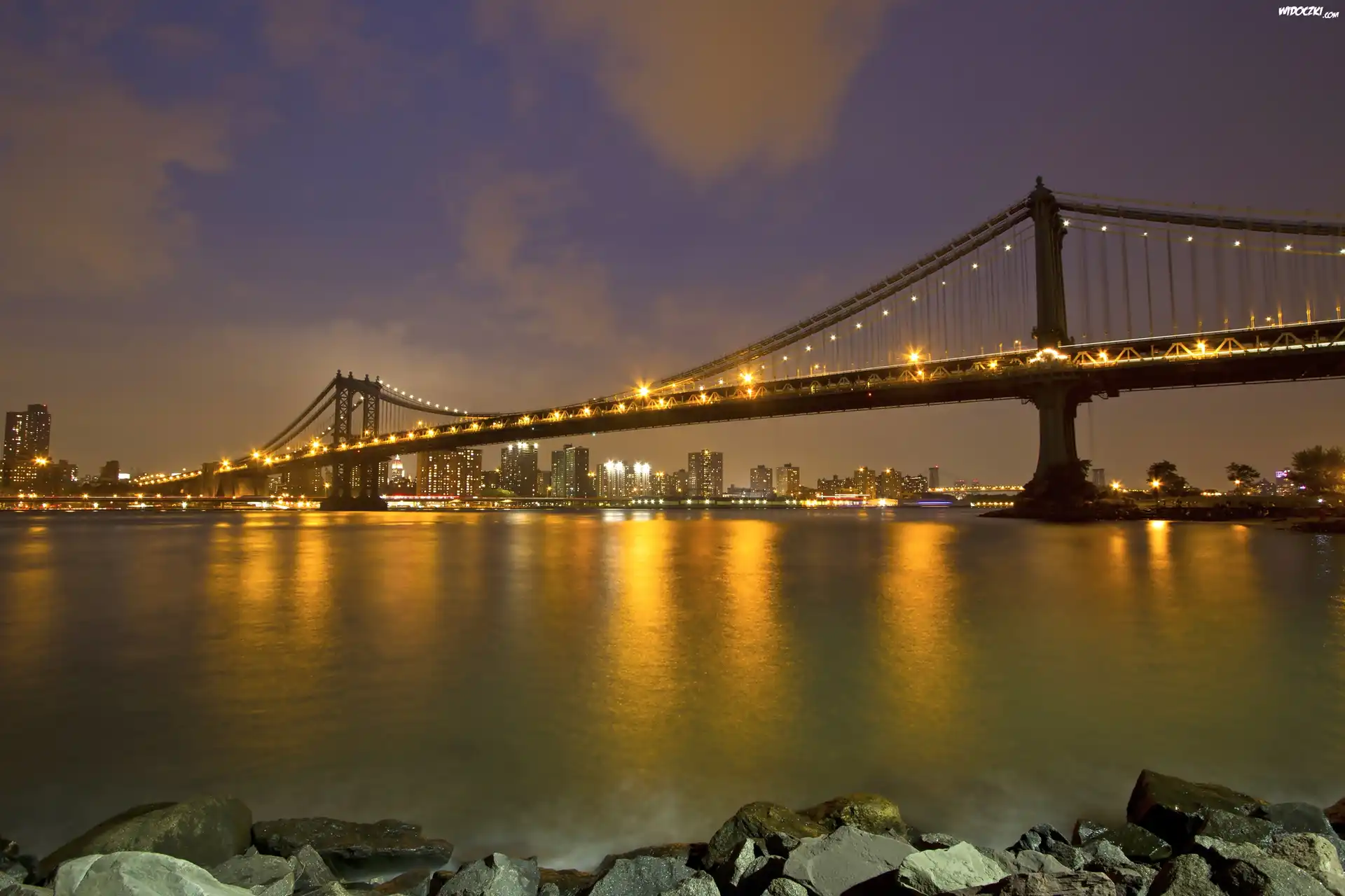Most, Rzeka, Kamienie, Manhattan Bridge, Nowy York