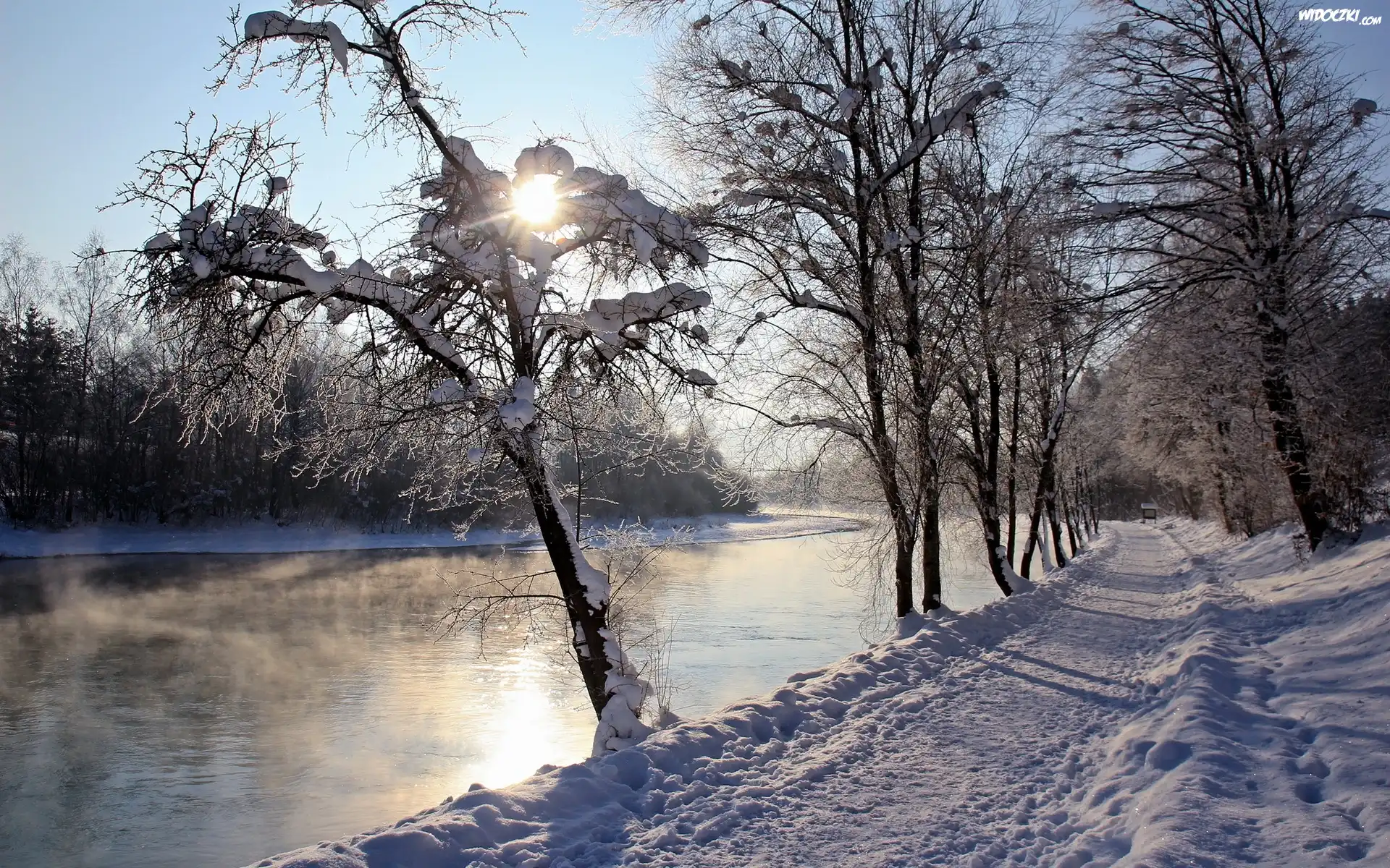 Rzeka, Drzewa, Åšnieg, Zima
