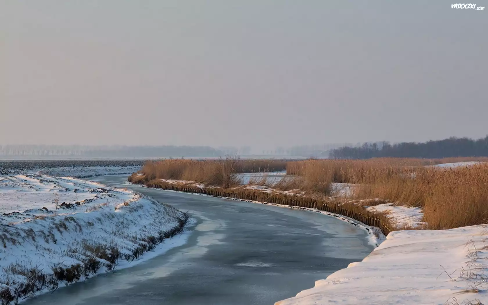 Rzeka, Trawa, Åšnieg, Zima