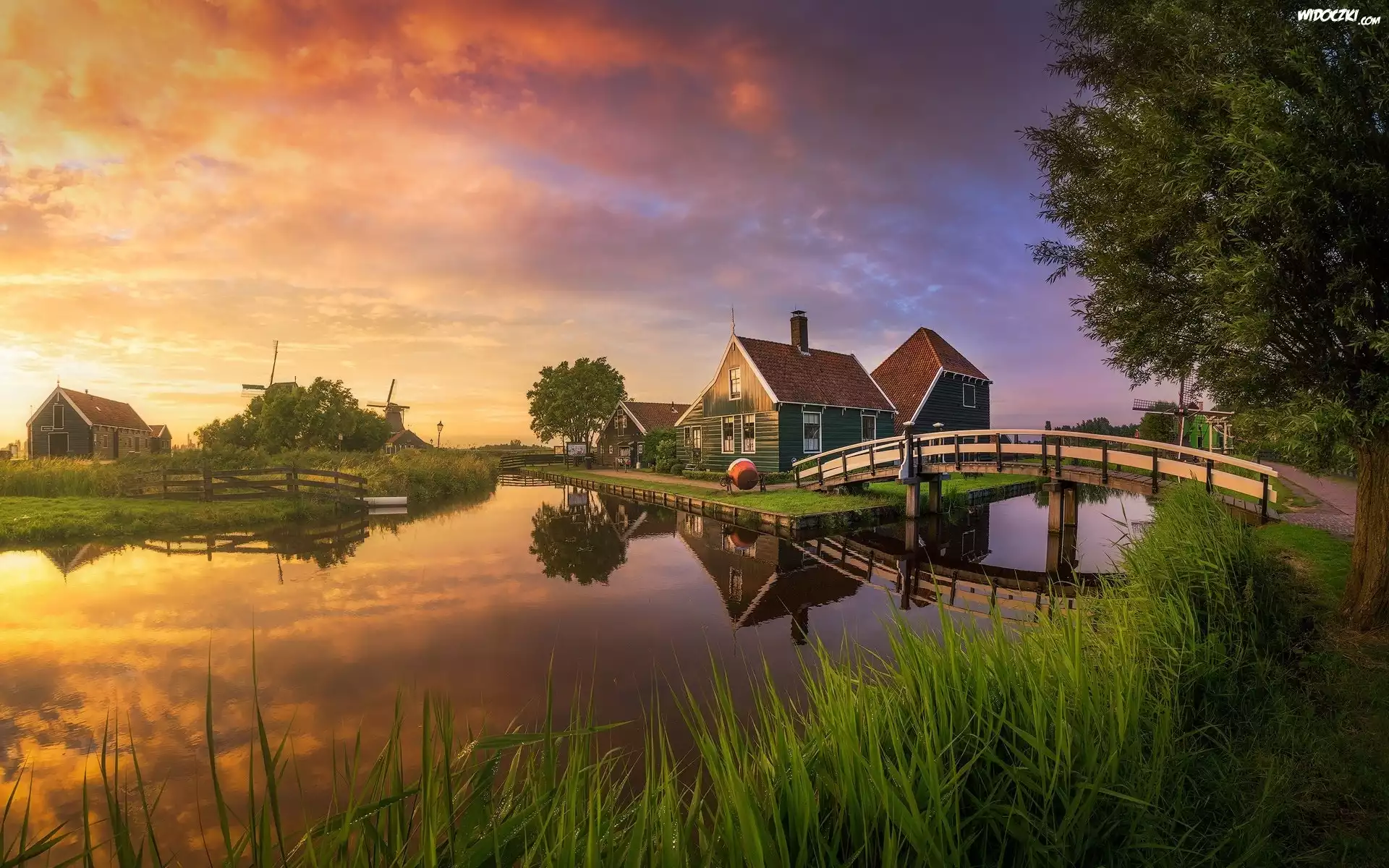 Holandia, Skansen Zaanse Schans, WieÅ›, Most, Wiatraki, Domy, Rzeka