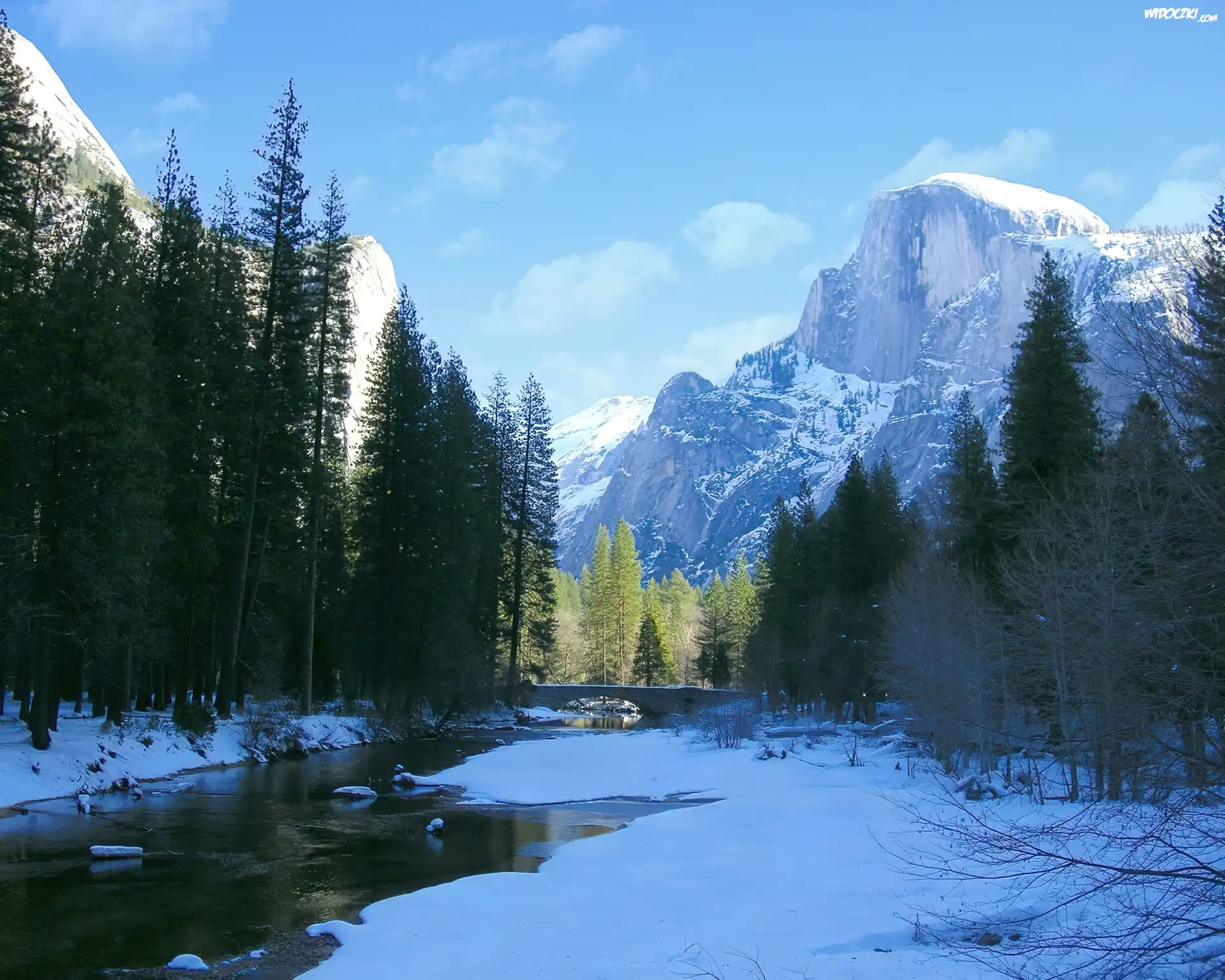 Rzeka, Zalesione, Brzegi, Góry, Zima, Yosemite