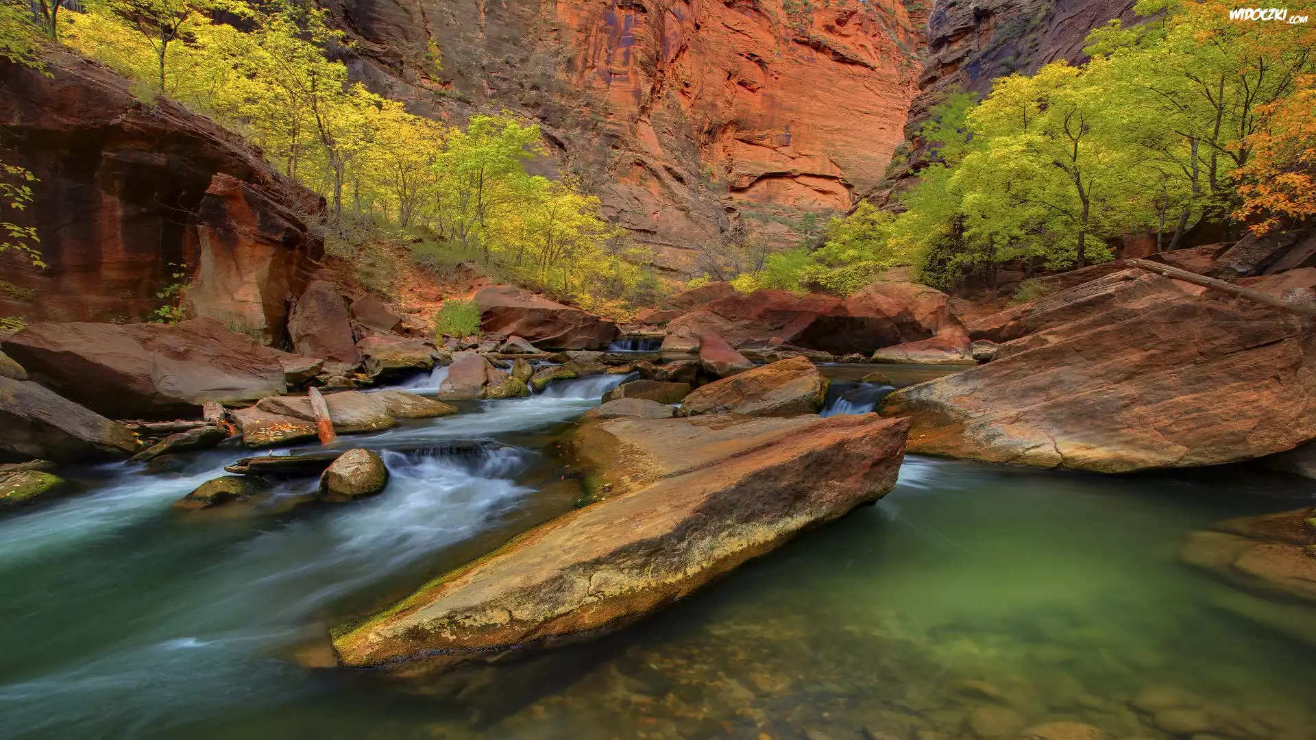 Rzeka, Skały, Drzewa, Zion, Utah