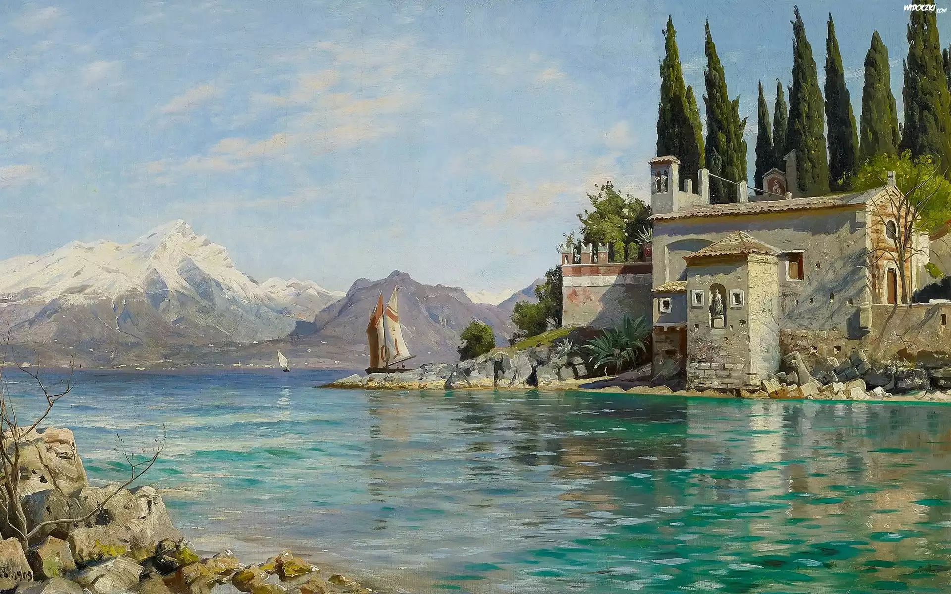 Malarstwo, Peder Monsted, Punta San Vigilio, Jezioro Garda, Włochy, Góry, Żaglówki, Drzewa, Dom, Skały