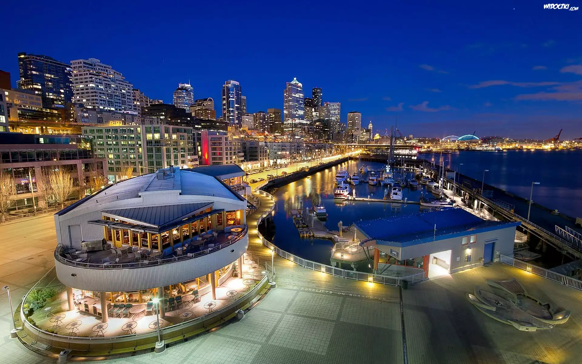 Seattle, Nocą, Marina, Jachty, Nabrzeże, Restauracja