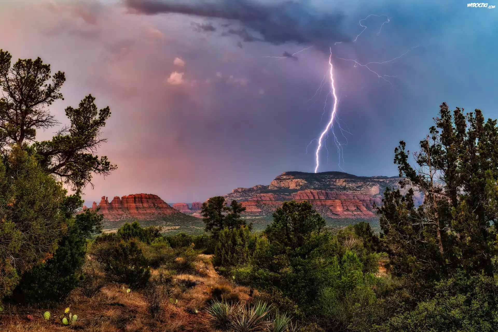 Stany Zjednoczone, Arizona, Sedona, Góra, Bear Mountain, Skały, Drzewa, Chmury, Burza, Błyskawica, Piorun