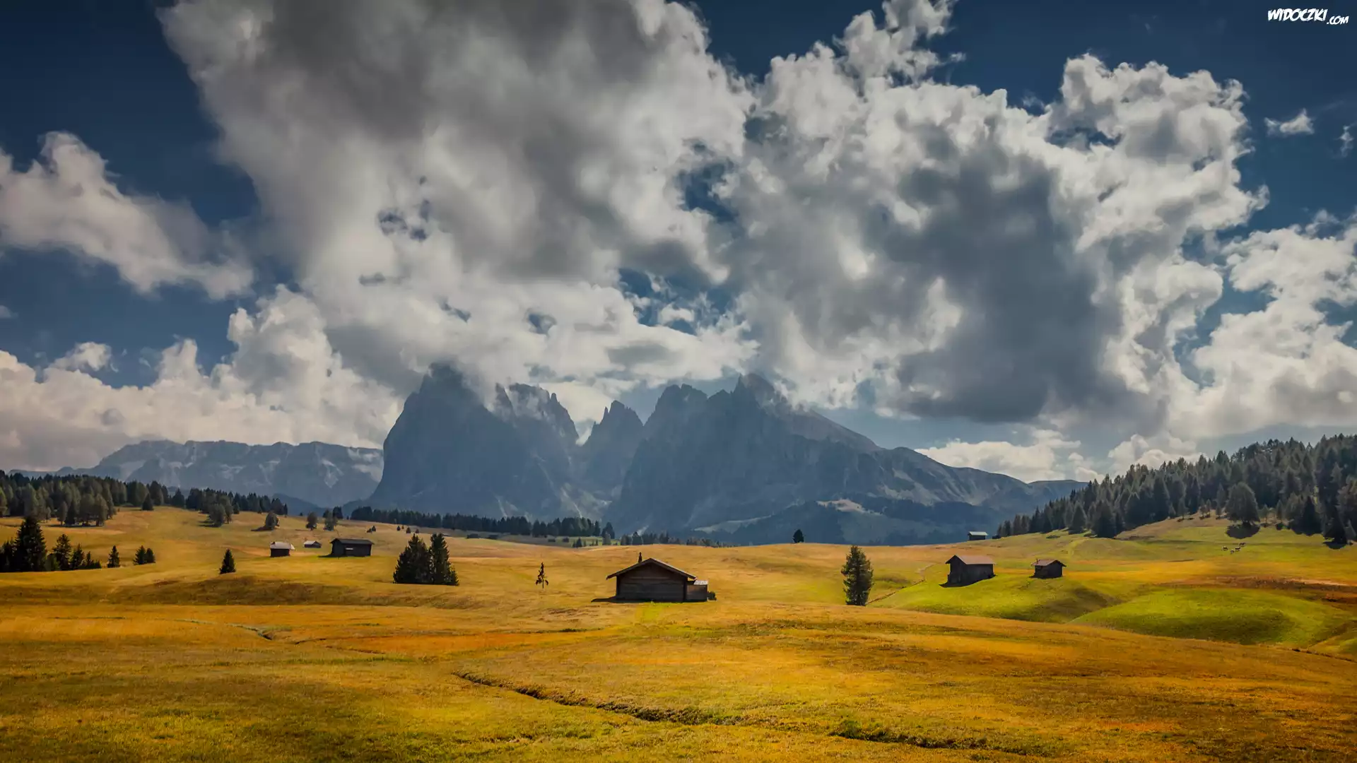 Góry Sassolungo, Dolomity, Płaskowyż Seiser Alm, Dolina Val Gardena, Drzewa, Domy, Łąki, Chmury, Włochy