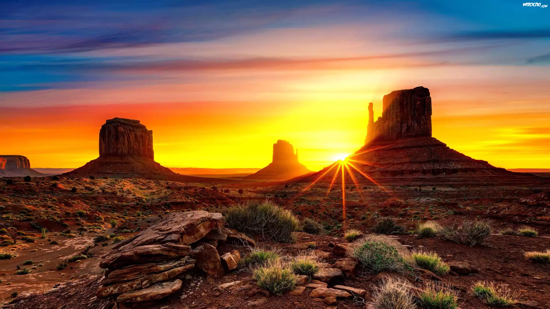 Stany Zjednoczone, Wyżyna Kolorado, Dolina Skał, Skały, Monument Valley, Skały, Promienie słońca