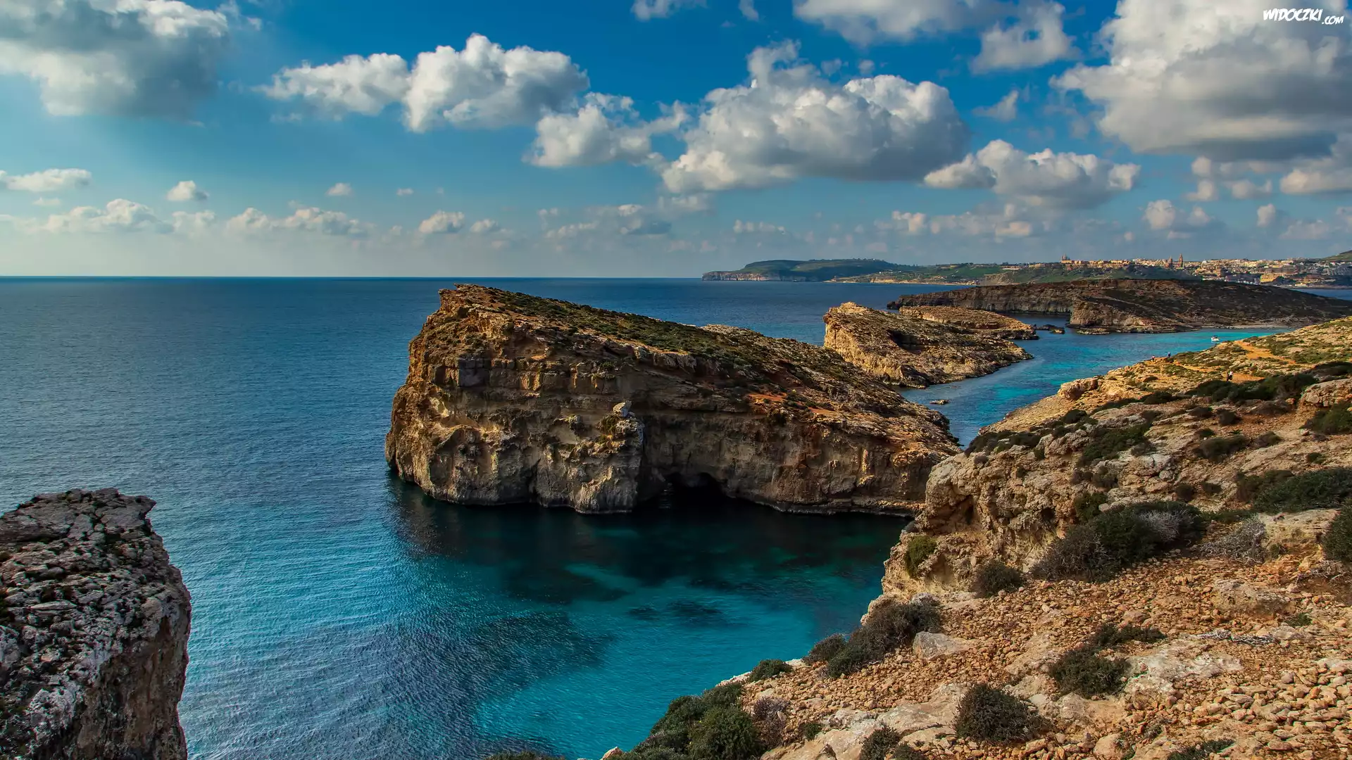 Skały, Morze, Chmury, Błękitna Laguna, Malta