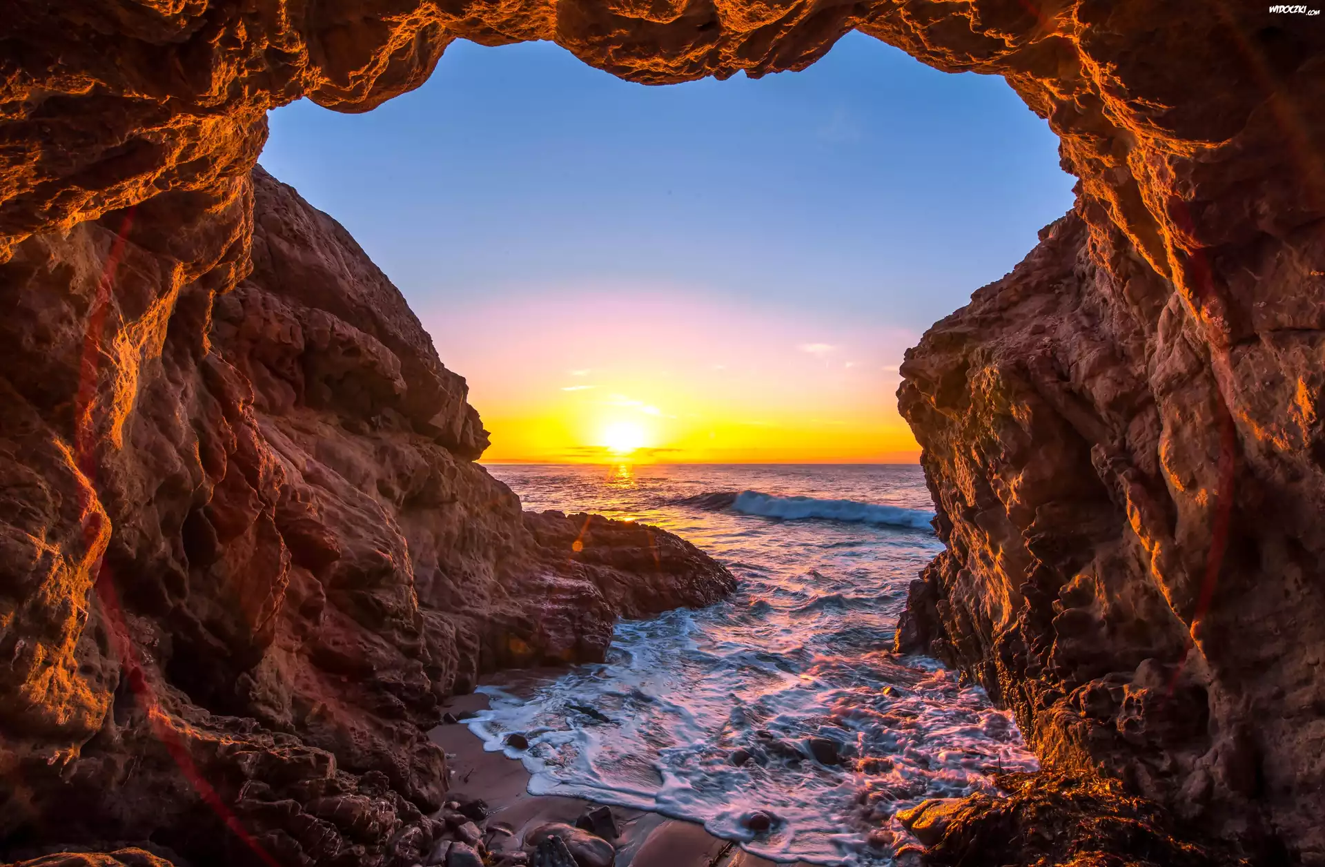 Morze, Skały, Jaskinia, Zachód Słońca, Malibu, Kalifornia