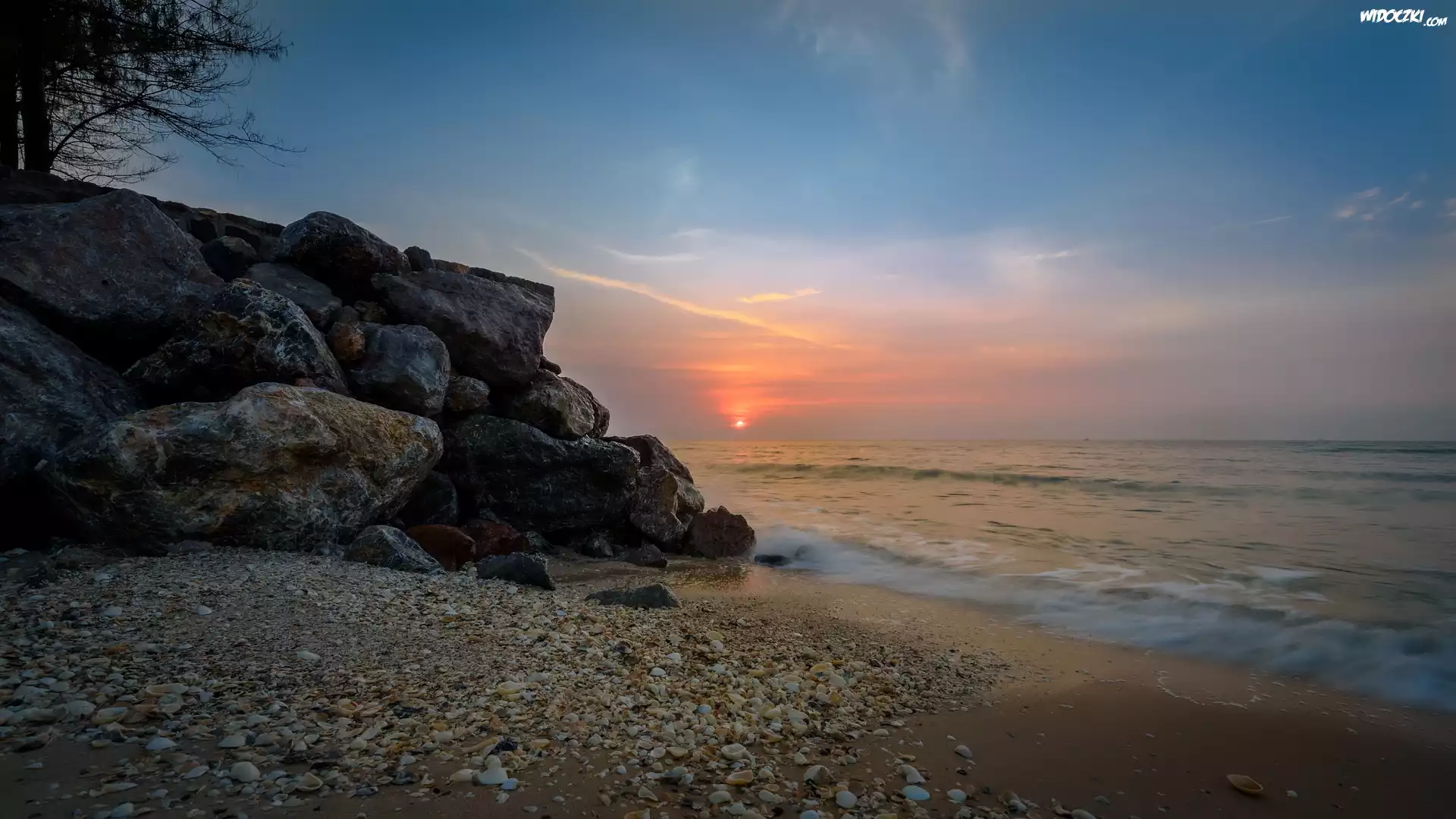 Morze, Skały, Kamienie, Plaża, Wschód słońca, Tajlandia