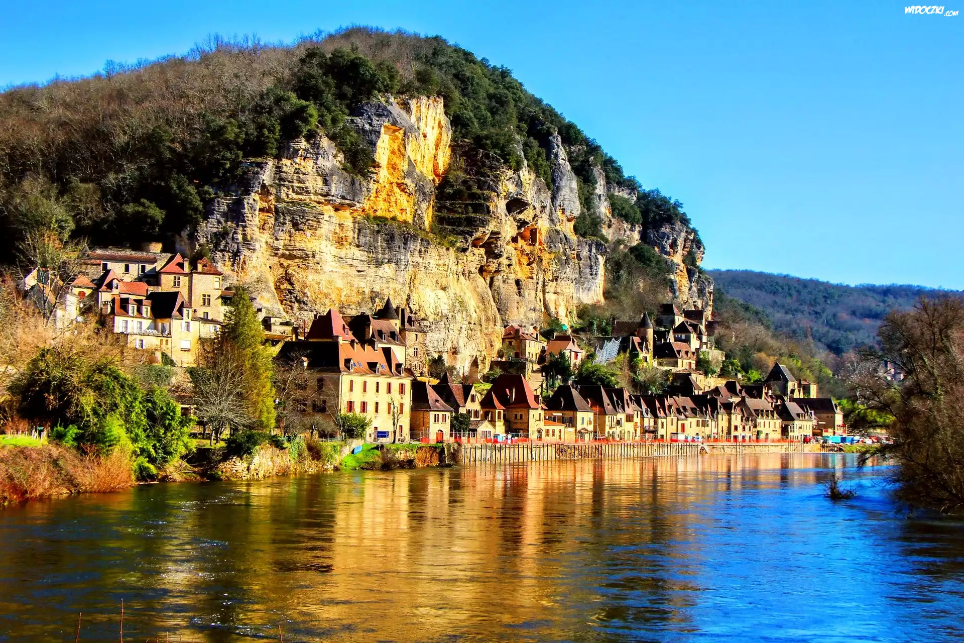 Rzeka, Skały, Domy, La Roque Gageac, Francja