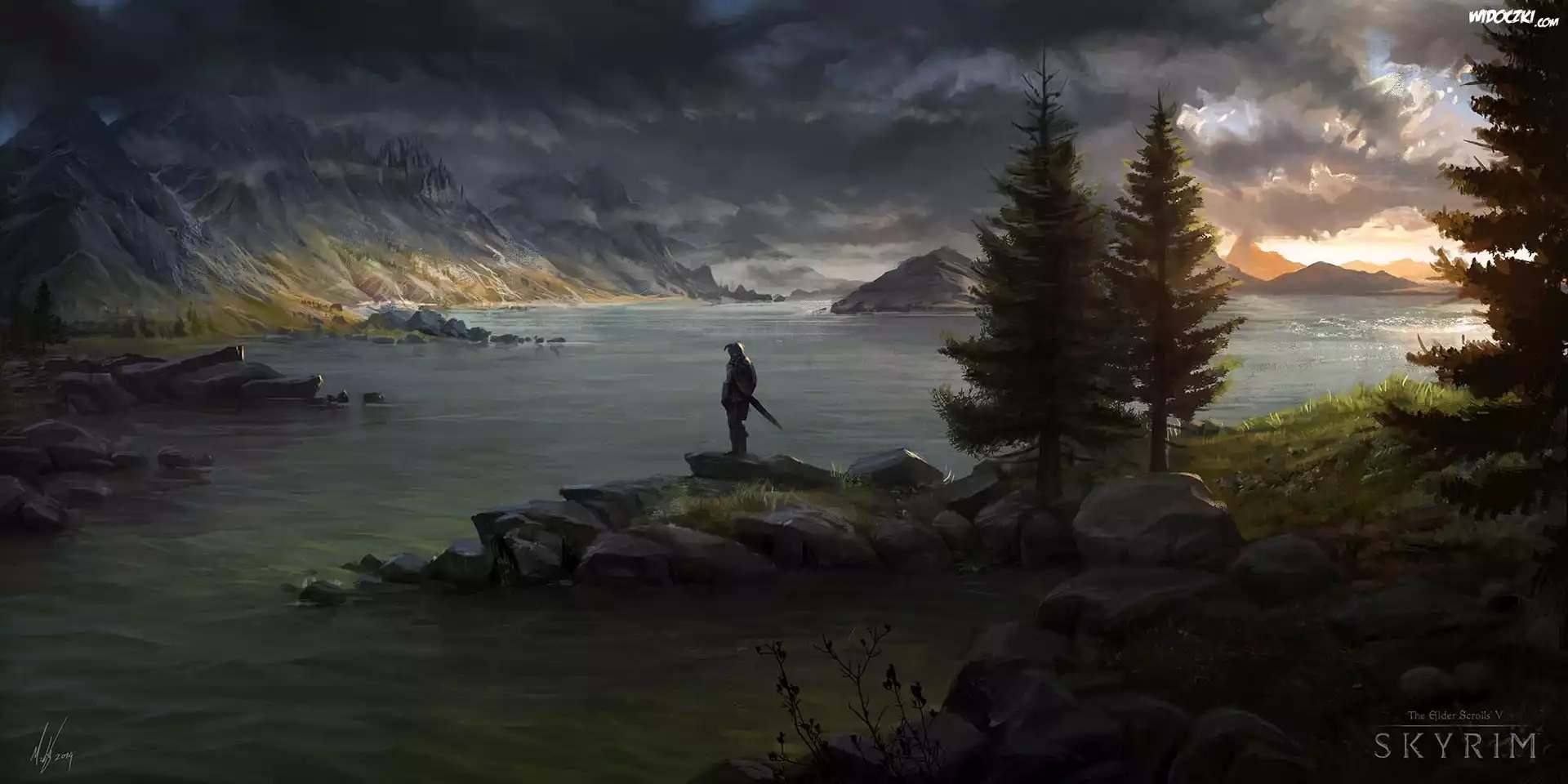 Skyrim, Góry, Morze, Drzewa, Rycerz
