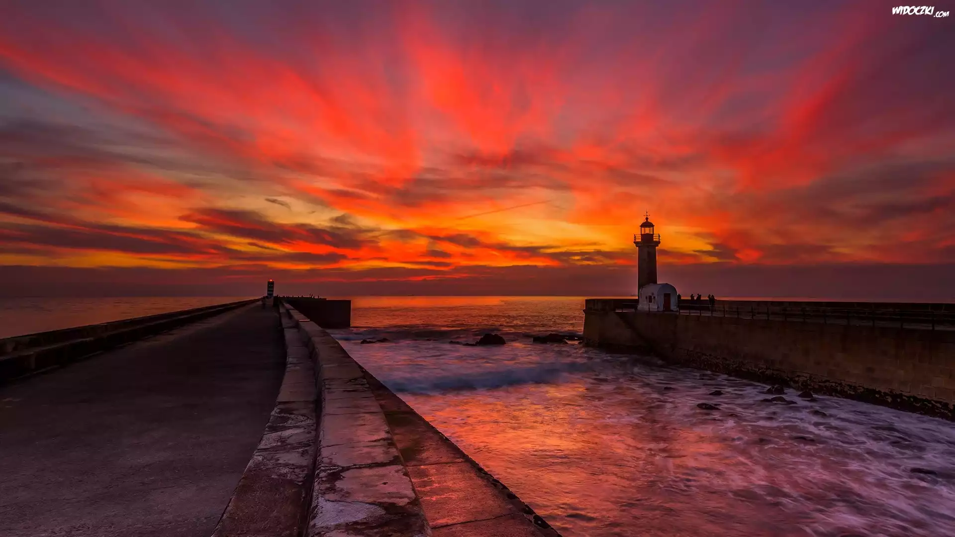 Portugalia, Porto, Morze, Latarnia morska, Felgueiras Lighthous Zachód słońca