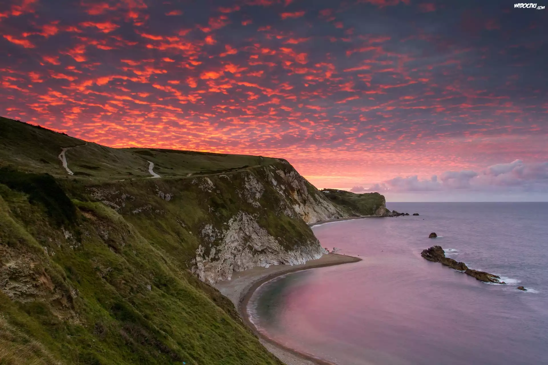 Anglia, Wybrzeże Jurajskie, Men Of War Bay, Morze, Zachód słońca